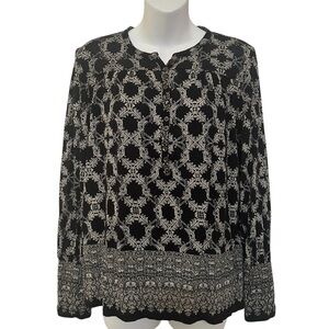 Lucky Brand Black Cream Blouse Top Boho Shirt Long Sleeve 1/4 Button Geometric M